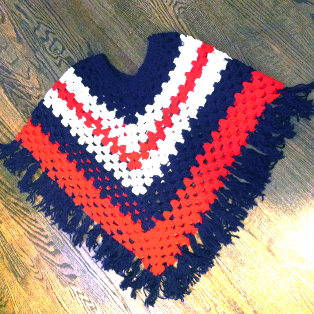 vintage red white and blue fringed crochet poncho