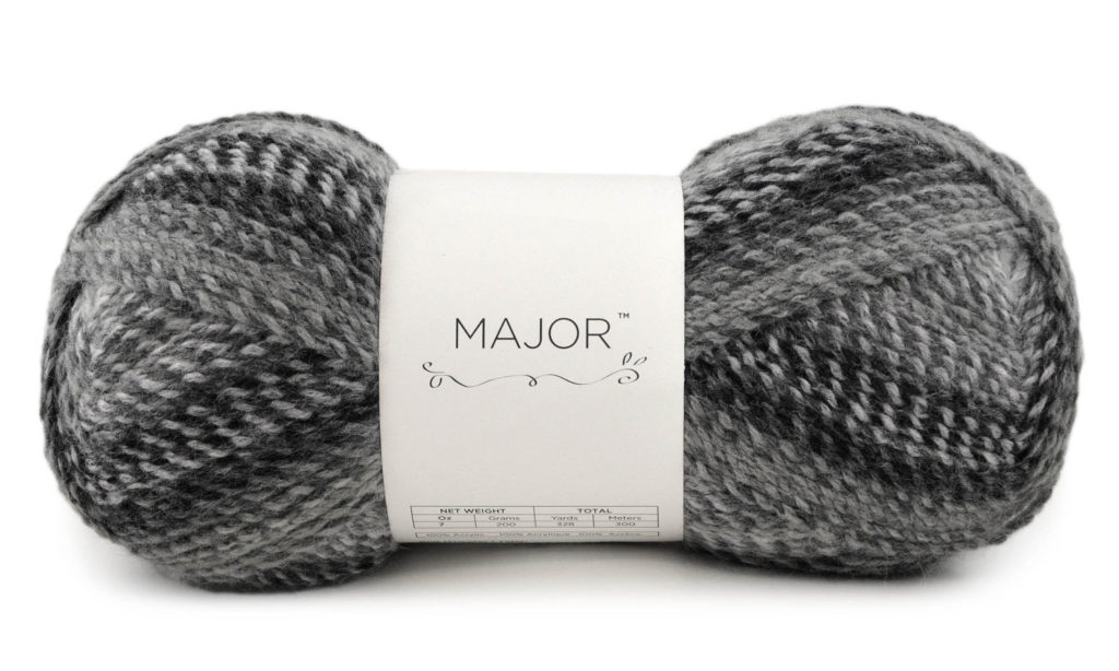 An image of a black and gray ball of yarn labeled MAJOR.