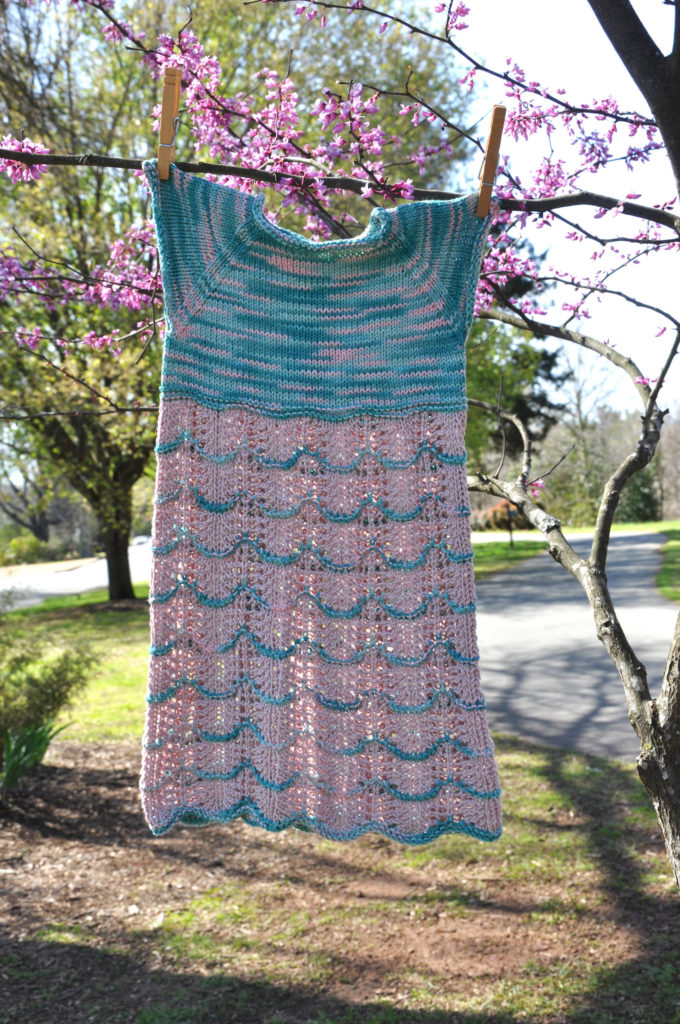 Knit pink and aqua baby dress in Bamboo Pop yarn