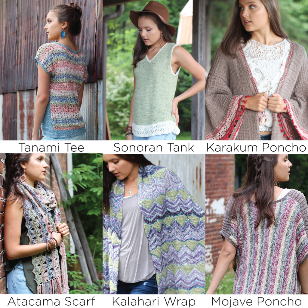 Collage of knit and crochet designs from the Desert Dreams pattern collection.