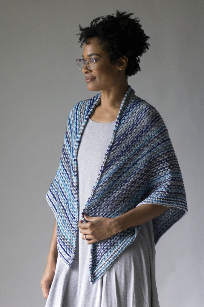Variegated blue shawl knit in Little Bird and Little Bird Colors yarn