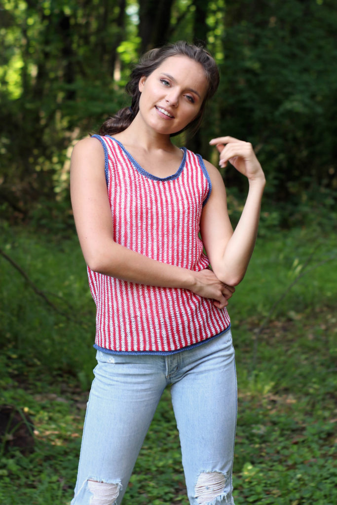 woman in red white and blue striped tank top knit in Flax
