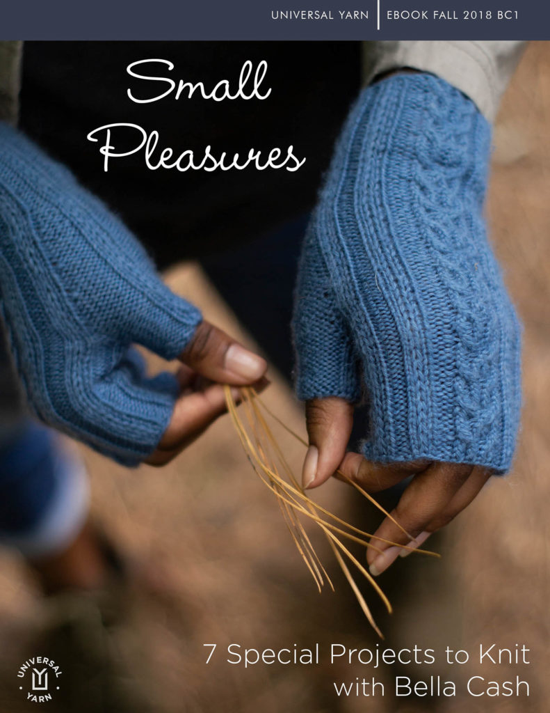 e-book cover titled Small Pleasures showing hands wearing blue knitted fingerless mitts