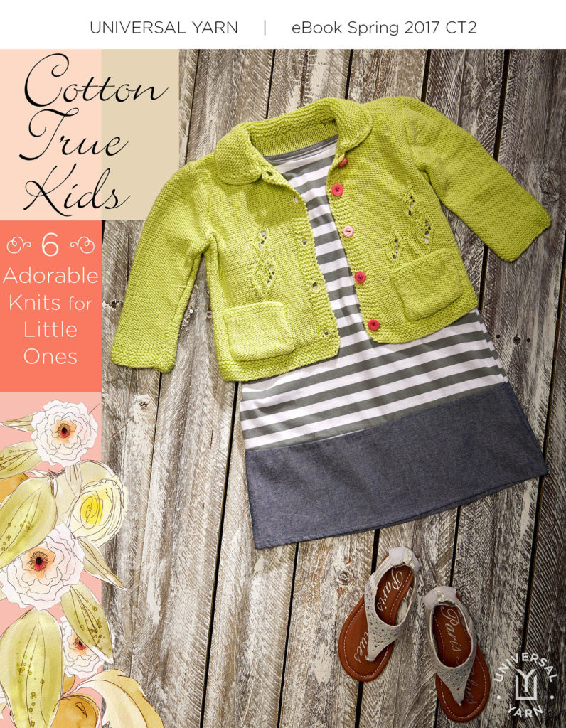 Cover of knitting pattern e-book. Text on photo reads: Cotton True Kids: 6 adorable knits for little ones.