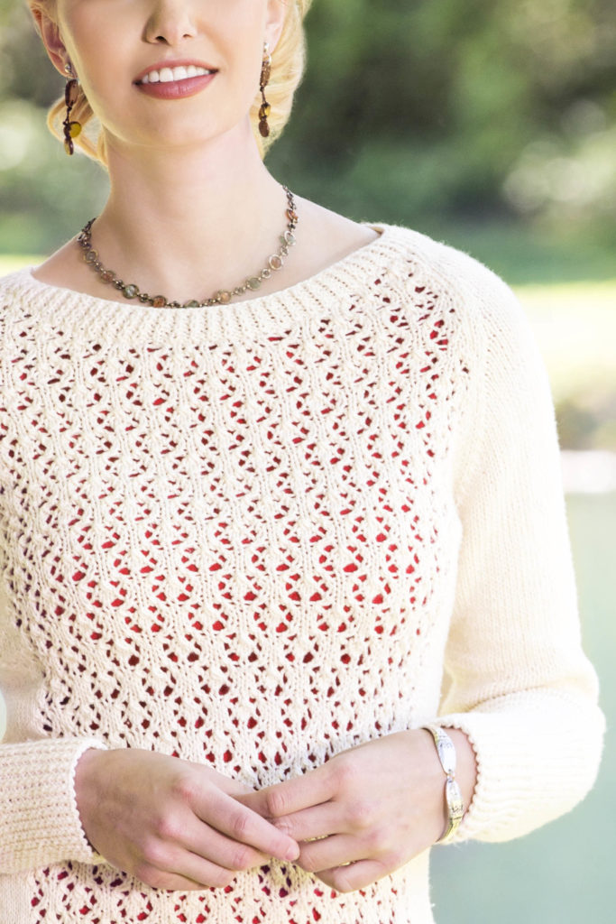 Closeup of lace pattern in knitted Fleurette Lace Pullover