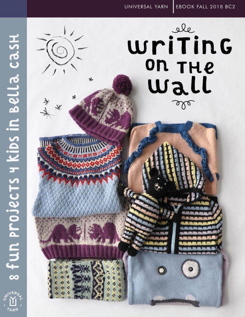 cover of Writing on the Wall e-book showing knit and crochet kid projects