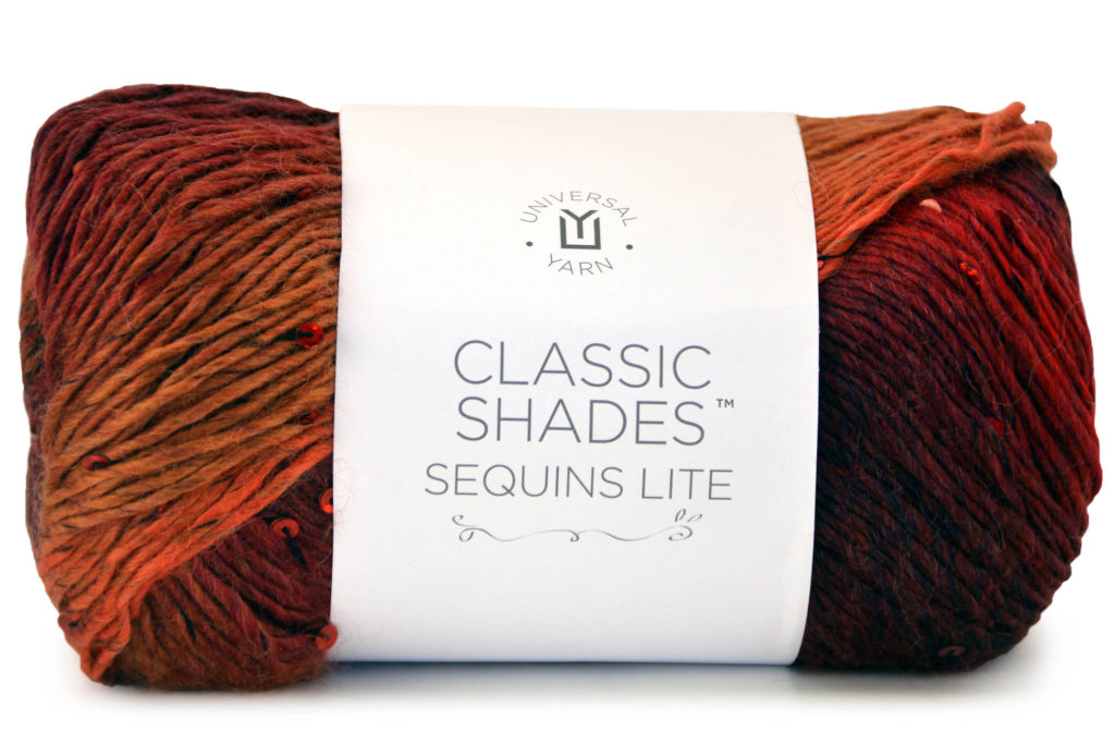 skein of red-orange Classic Shades Sequins Lite yarn