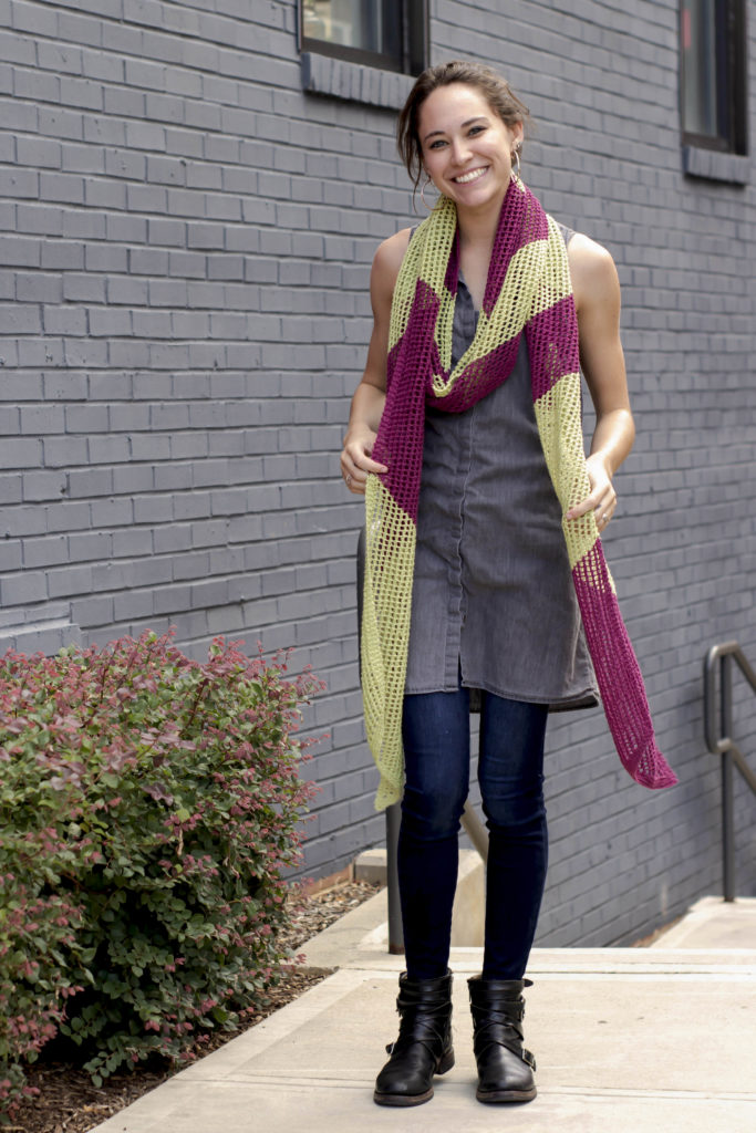 Bias stripe scarf worked in two colors of Fibra Natura Lina.