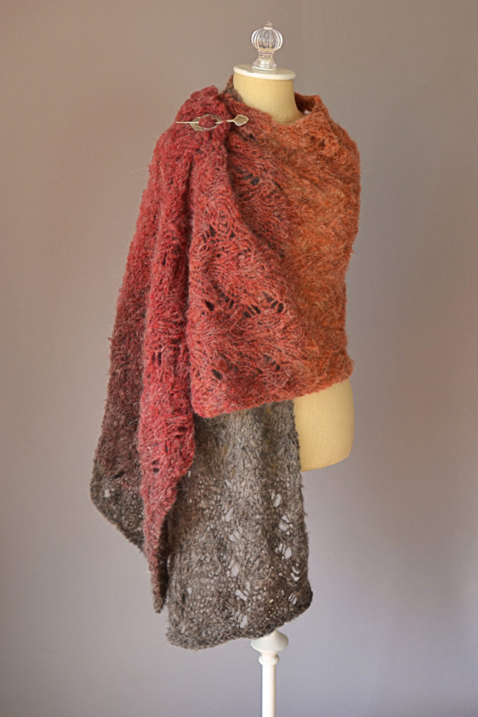 rust and gray knitted lace stole in Revolutions yarn