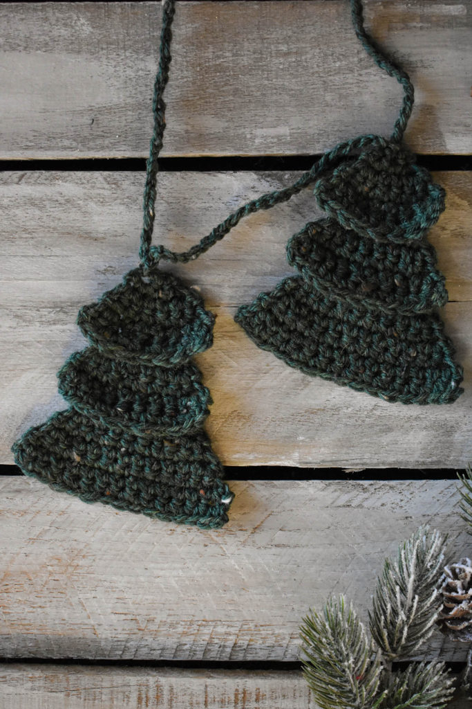 Two crochet trees created using Universal Yarn Deluxe Worsted Tweed Superwash.