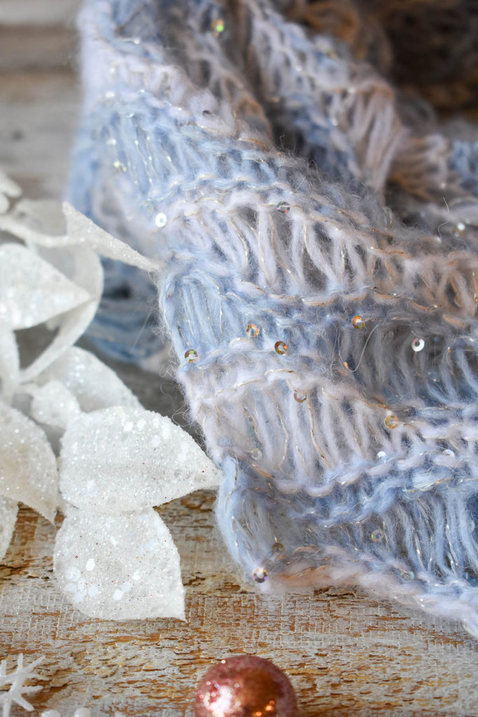 A closeup of drop stitches featured in the Icicles shawl. 
