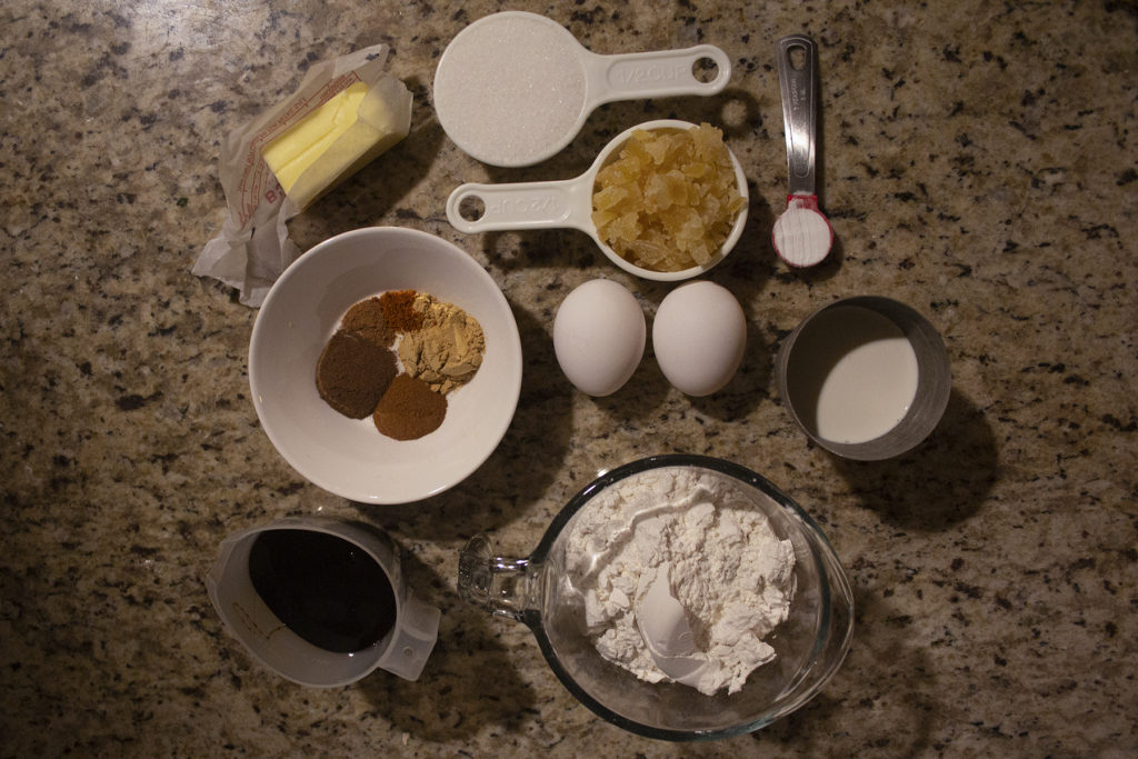 Ingredients for gingerbread loaf on a counter.