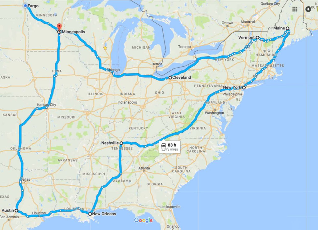 A map of the eastern half of the United States with an outline of a road trip. 