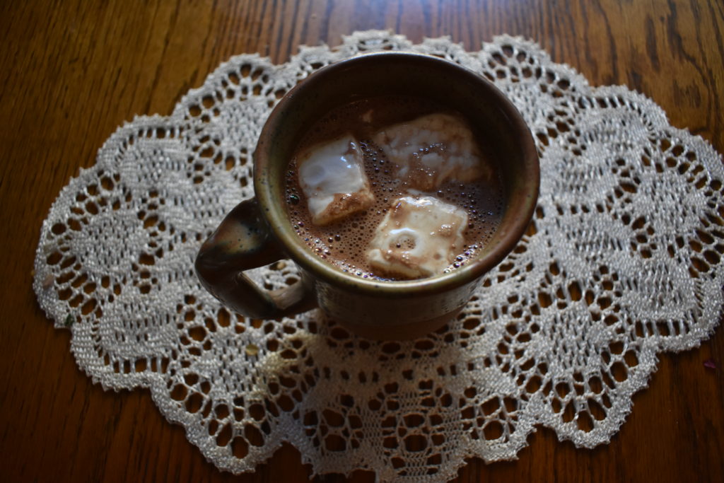 A cup of hot cocoa with homemade marshmallows inside.