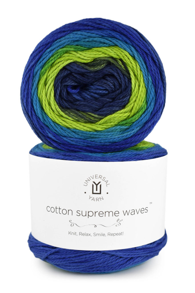 Blue and green yarn cakes of Cotton Supreme Waves