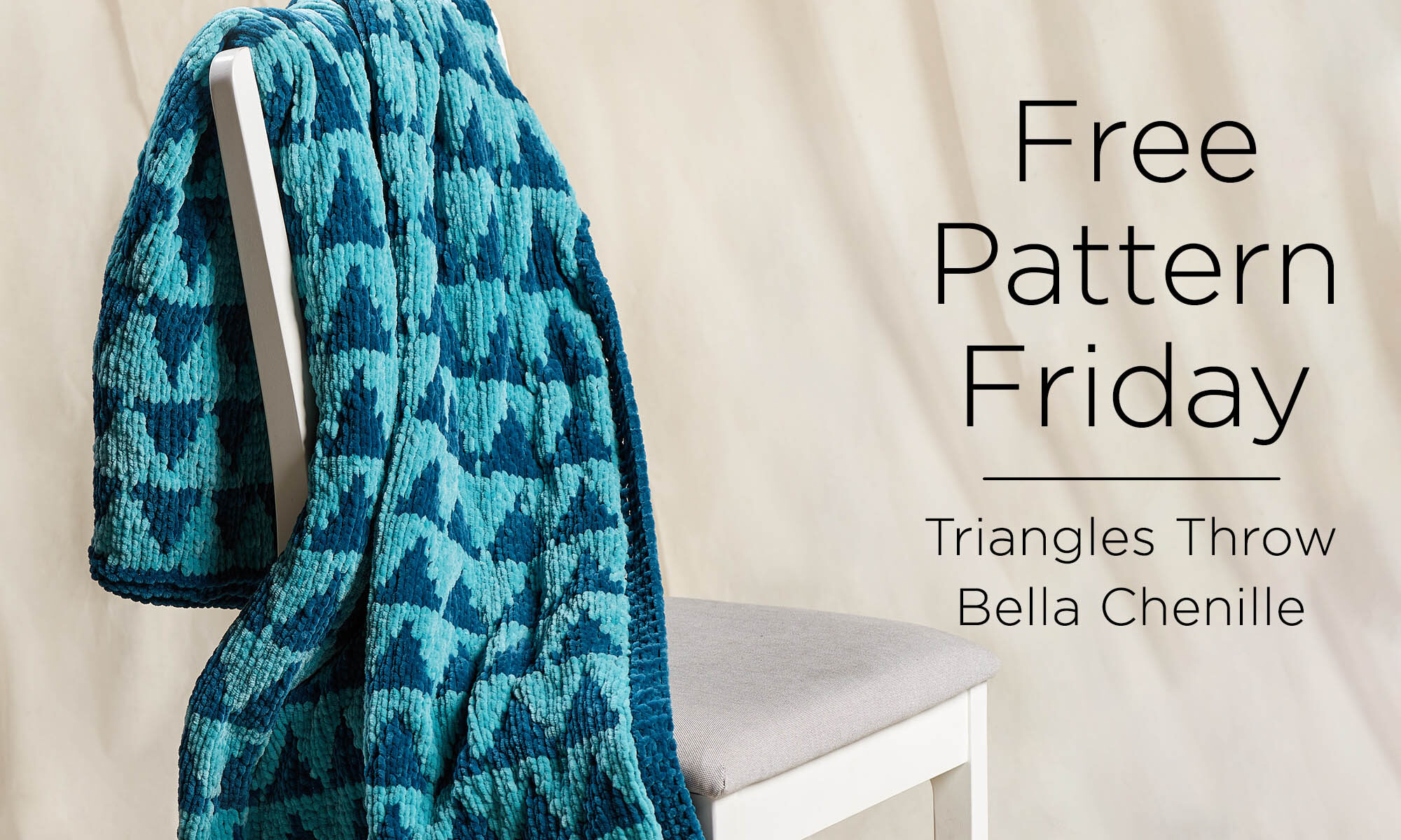 Aqua chenille knitted throw with triangle motif. Text reads: Free Pattern Friday, Triangles Throw in Bella Chenille
