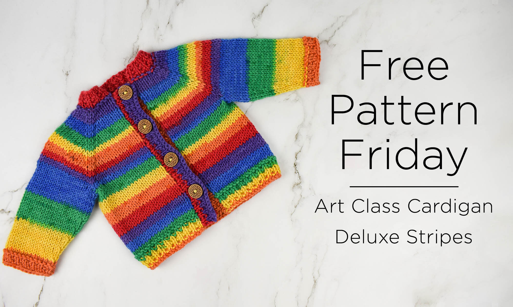 Colorful baby sweater. Text reads Free Pattern Friday. Art Class Cardigan knitted in Deluxe Stripes yarn