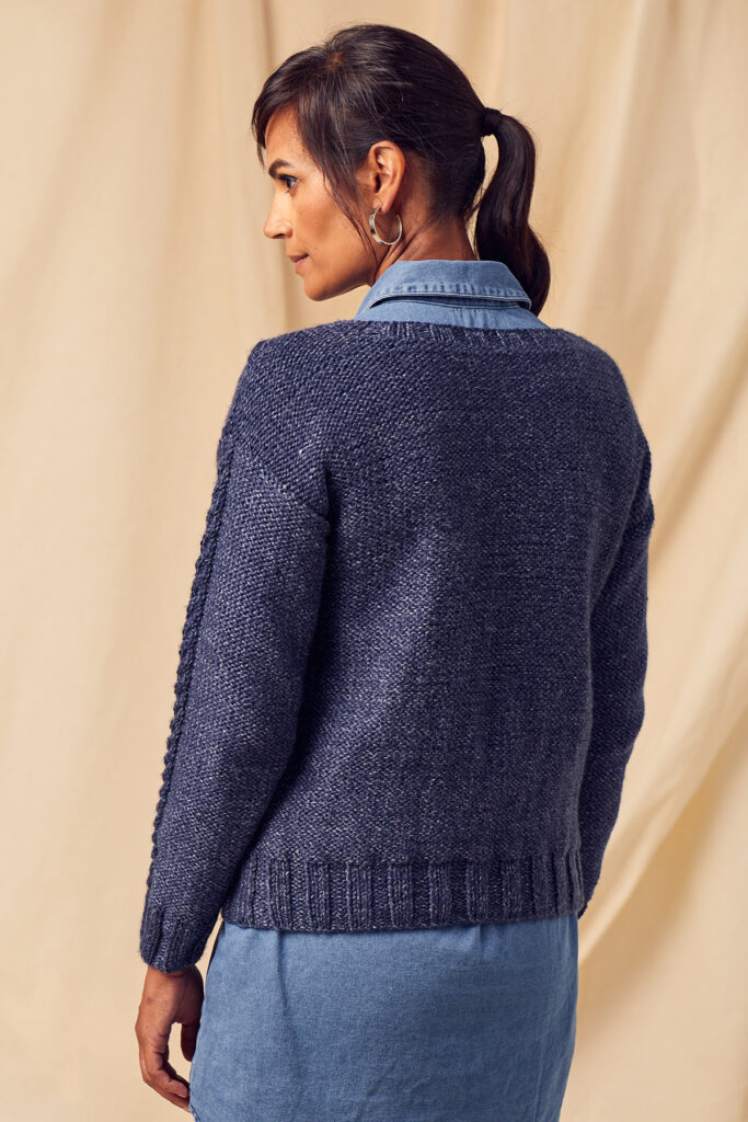 rear view of Hazy Pullover sweater knitted in Uptown Worsted