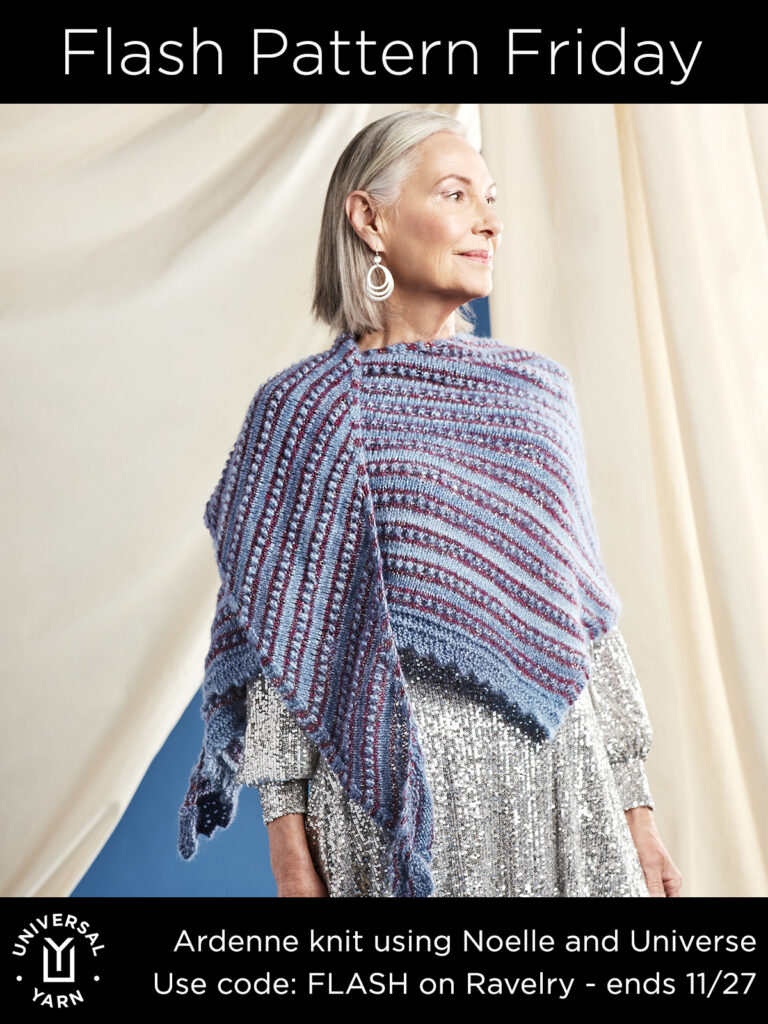 A graphic featuring an image of a woman wearing the Ardenne Shawl, hand knit from Universal Yarn Noelle and Universe. This image provides a coupon code for a pattern giveaway. 
