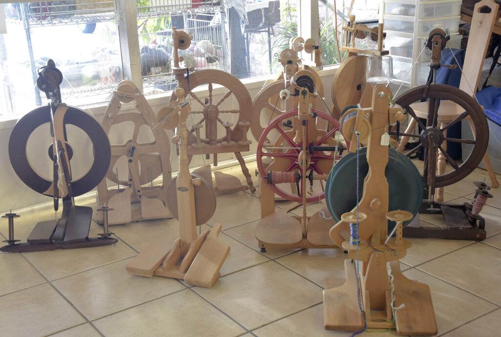 Spinning wheels inside the store, perfect for those that want to spin their own yarn