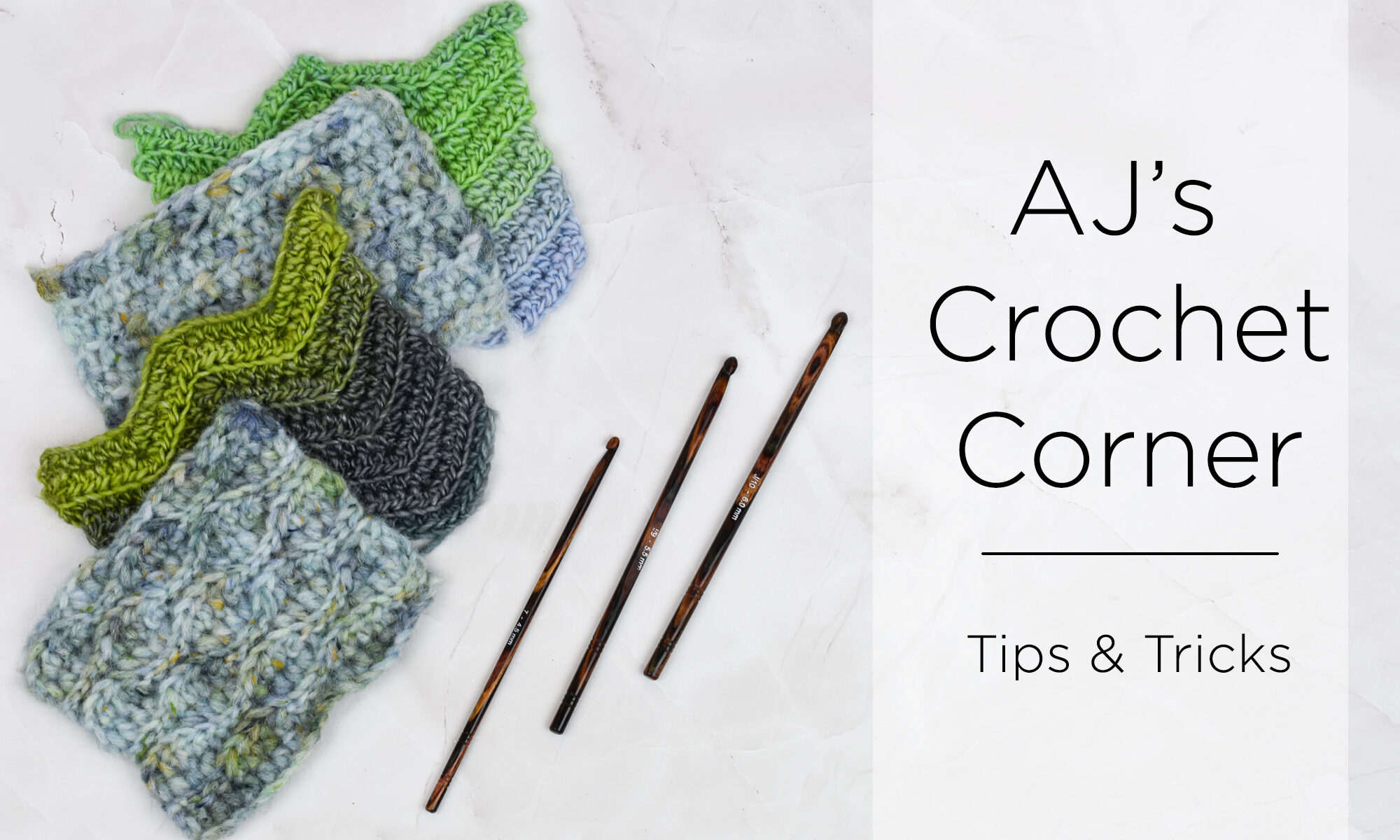 Sample Swatches of crochet stitches lay in an arrangement next to three crochet hooks. The heading "AJ's Crochet Corner, Tips and Tricks" is present.