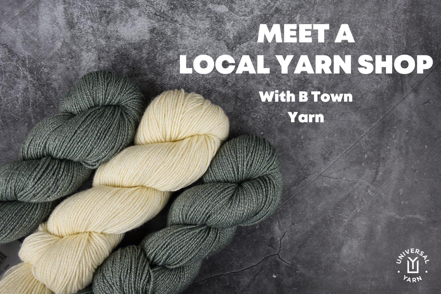 Meet a Local Yarn Shop with B Town yarn - three hanks of Wool Pop on the left side of the screen with a black marble background