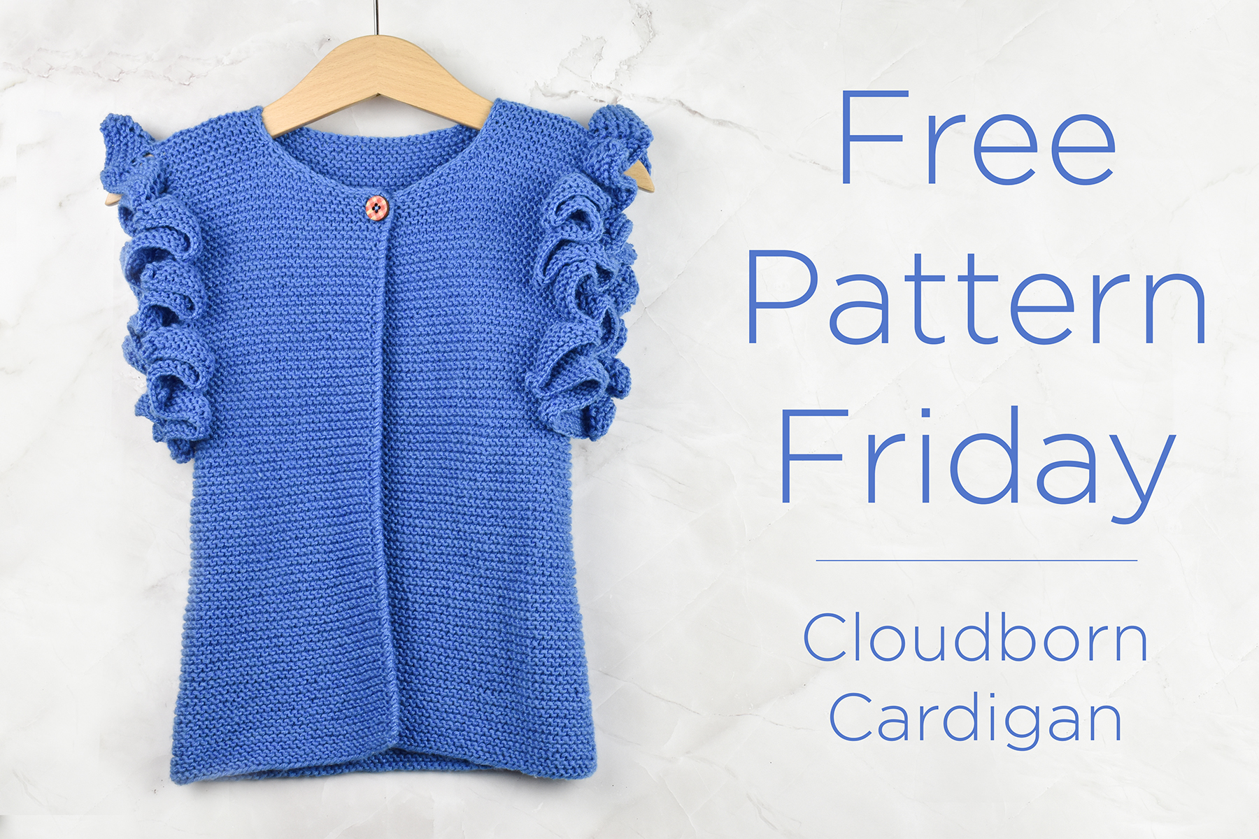 Photo of the Cloudborn Cardigan on a hook with text to the right saying "Free Pattern Friday - Cloudborn Cardigan"