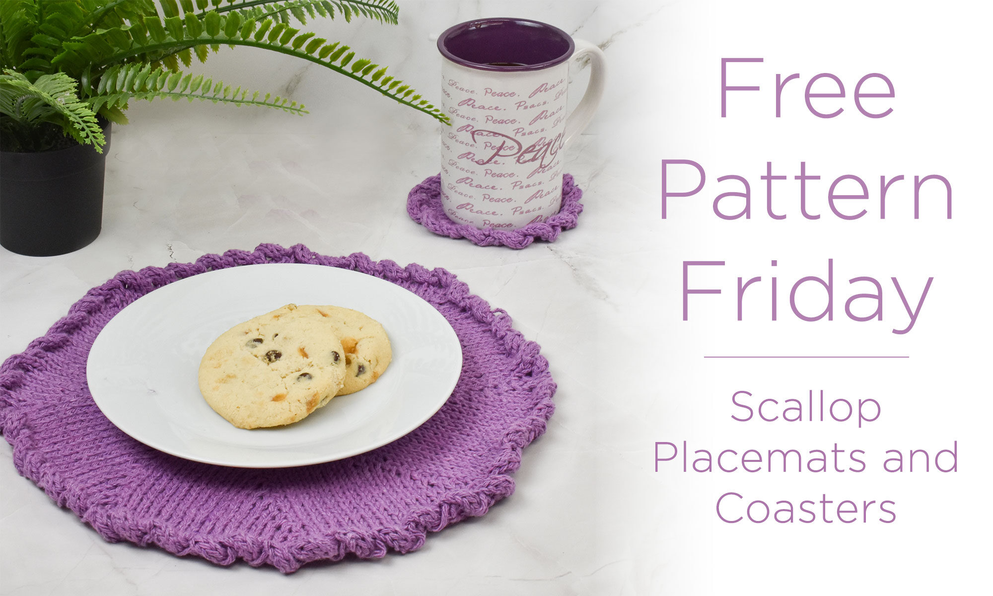 Photo of the Scallop Placemats and Coasters with text to the right saying "Free Pattern Friday - Scallop Placemats and Coasters"