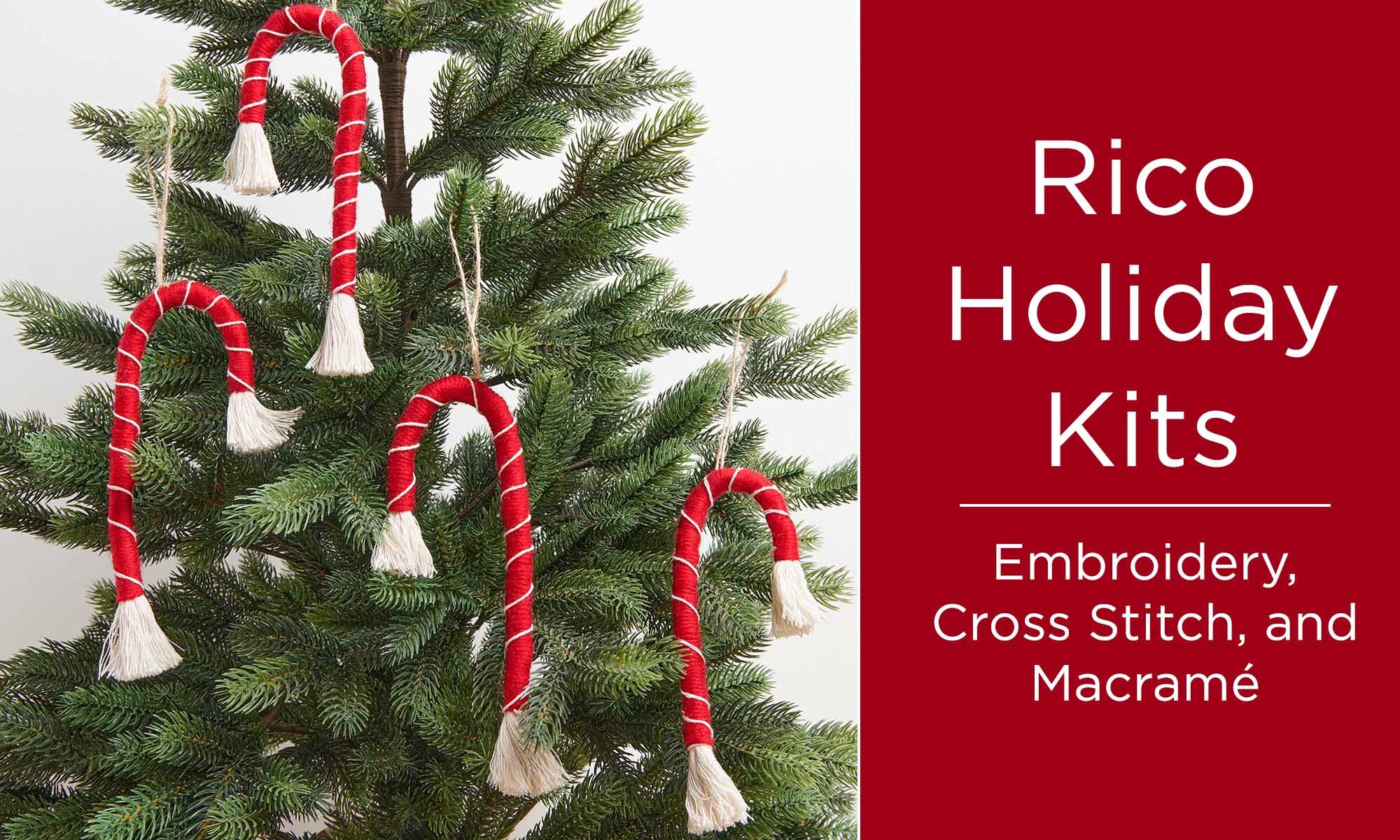An image of a Christmas Tree with macramé candy canes is shown with a rad banner and text that reads "Rico Holiday Kits: Embroidery, Cross Stitch, and Macramé."