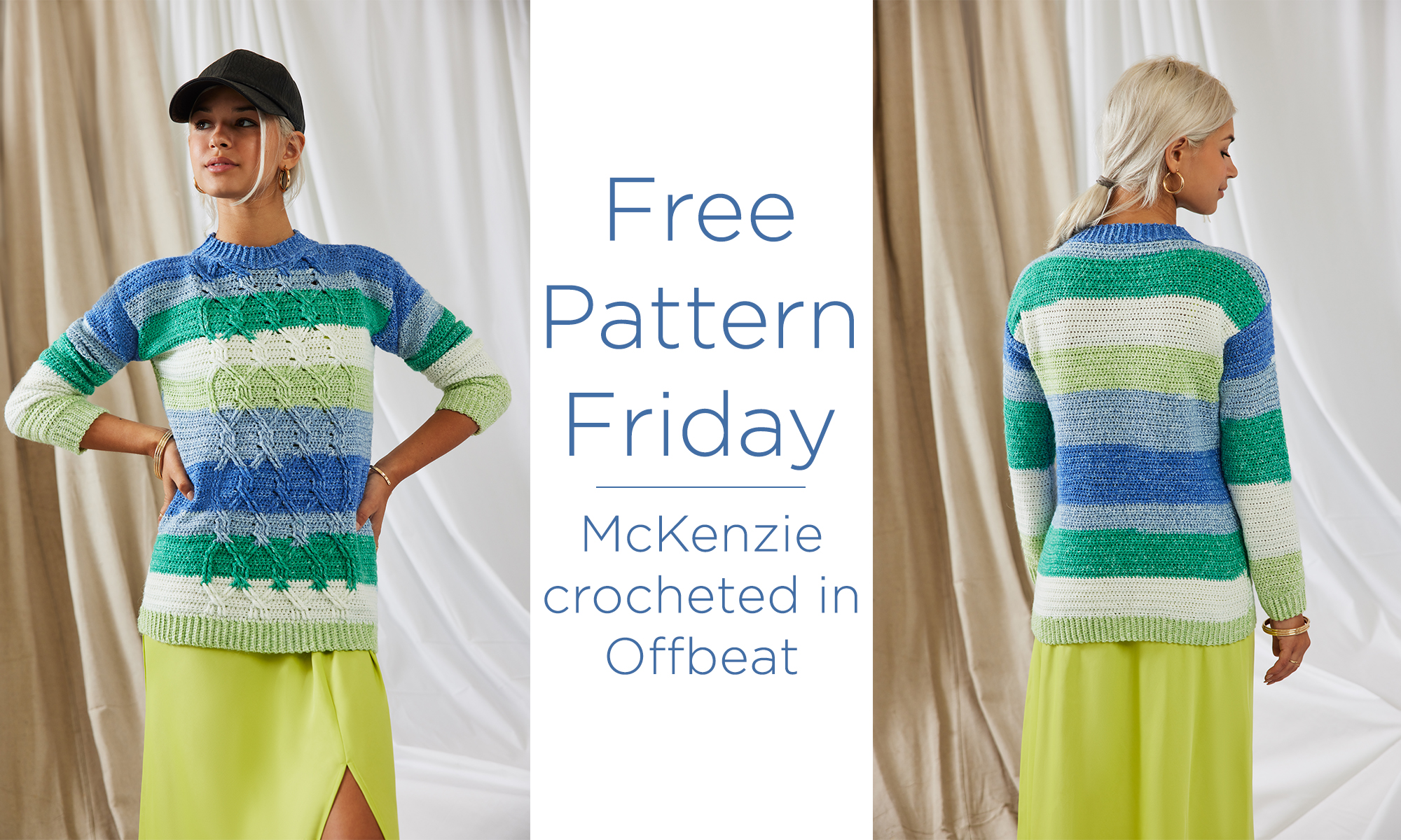 On the left, a woman models a crochet sweater featuring cable designs. The center reads "Free Pattern Friday. McKenzie crocheted in Offbeat." The right side of the photo shows the woman facing backwards, modeling the back of the sweater which is a smooth fabric with no cables.